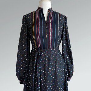 Vintage 70s Black Floral & Stripes Print Semi-Sheer Midi Belted Dress
